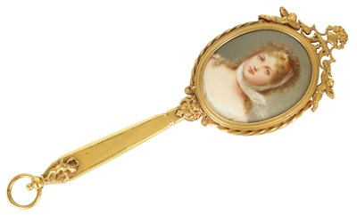 Lot 100 - A LATE 19TH CENTURY VIENNA PORCELAIN AND GILT METAL MINIATURE HAND MIRROR