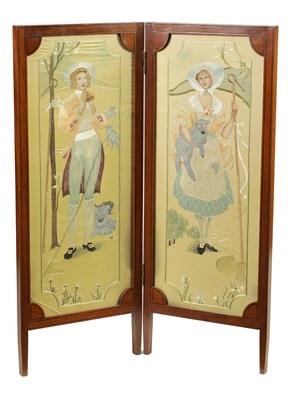 Lot 930 - A PAIR OF EDWARDIAN SILK STUMPWORK EMBROIDERED PANELS MOUNTED IN A FOLDING MAHOGANY SCREEN