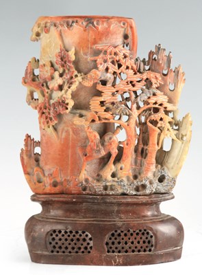 Lot 329 - A LATE 19TH CENTURY CHINESE SOAPSTONE VASE ON STAND