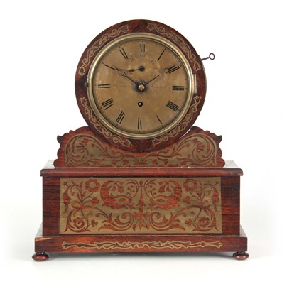 Lot 1215 - GANTHONY, LONDON A LATE REGENCY BRASS INLAID ROSEWOOD LIBRARY/MANTEL CLOCK