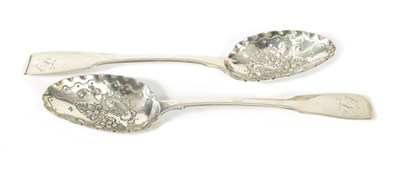 Lot 537 - A PAIR OF GEORGE III FIDDLE PATTERN SILVER BERRY SPOONS