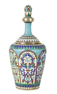 Lot 588 - A 19TH-CENTURY RUSSIAN SILVER AND JEWELLED CLOISONNE ENAMEL BOTTLE VASE