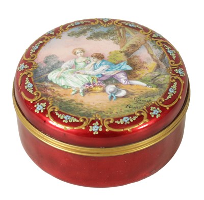 Lot 383 - A FINE 19TH CENTURY GILT METAL AND LIMOGES ENAMEL RED GROUND CIRCULAR BOX AND COVER