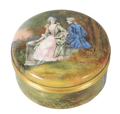 Lot 419 - A FINE 19TH CENTURY GILT METAL AND LIMOGES ENAMEL CIRCULAR BOX AND COVER