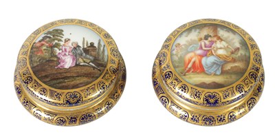 Lot 159 - A PAIR OF LATE 19TH CENTURY DRESDEN RICHLY GILT AND ROYAL BLUE GROUND DRESSING TABLE BOXES