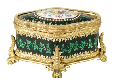 Lot 78 - A GOOD 19TH CENTURY FRENCH GILT METAL AND LIMOGES ENAMEL JEWELLERY CASKET