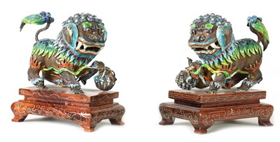 Lot 202 - A PAIR OF 20TH CENTURY CHINESE SILVER AND COLOURED ENAMEL FOO DOGS