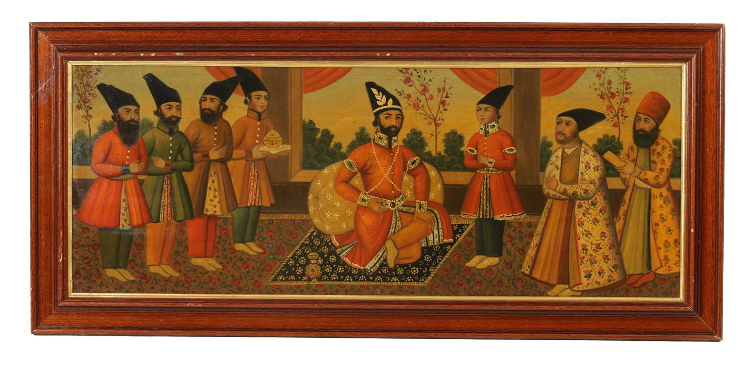 Lot 1057 - A LATE 19TH CENTURY QAJAR OIL ON CANVAS COURT OF MUHAMMAD SHAH