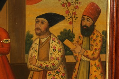 Lot 1057 - A LATE 19TH CENTURY QAJAR OIL ON CANVAS COURT OF MUHAMMAD SHAH