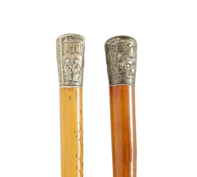 Lot 689 - TWO 19TH CENTURY CHINESE SILVER AND MALLACA WALKING CANES