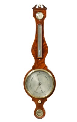 Lot 1217 - JAMES VECCHIO, NOTTINGHAM. A LATE GOERGE III FIGURED MAHOGANY WHEEL BAROMETER