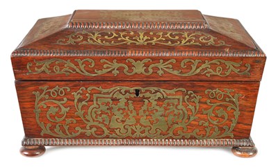 Lot 731 - A REGENCY BRASS INLAID ROSEWOOD SARCOPHAGUS SEWING BOX