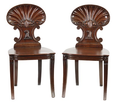 Lot 1470 - A FINE PAIR OF REGENCY MAHOGANY HALL CHAIRS IN THE MANNER OF GILLOWS