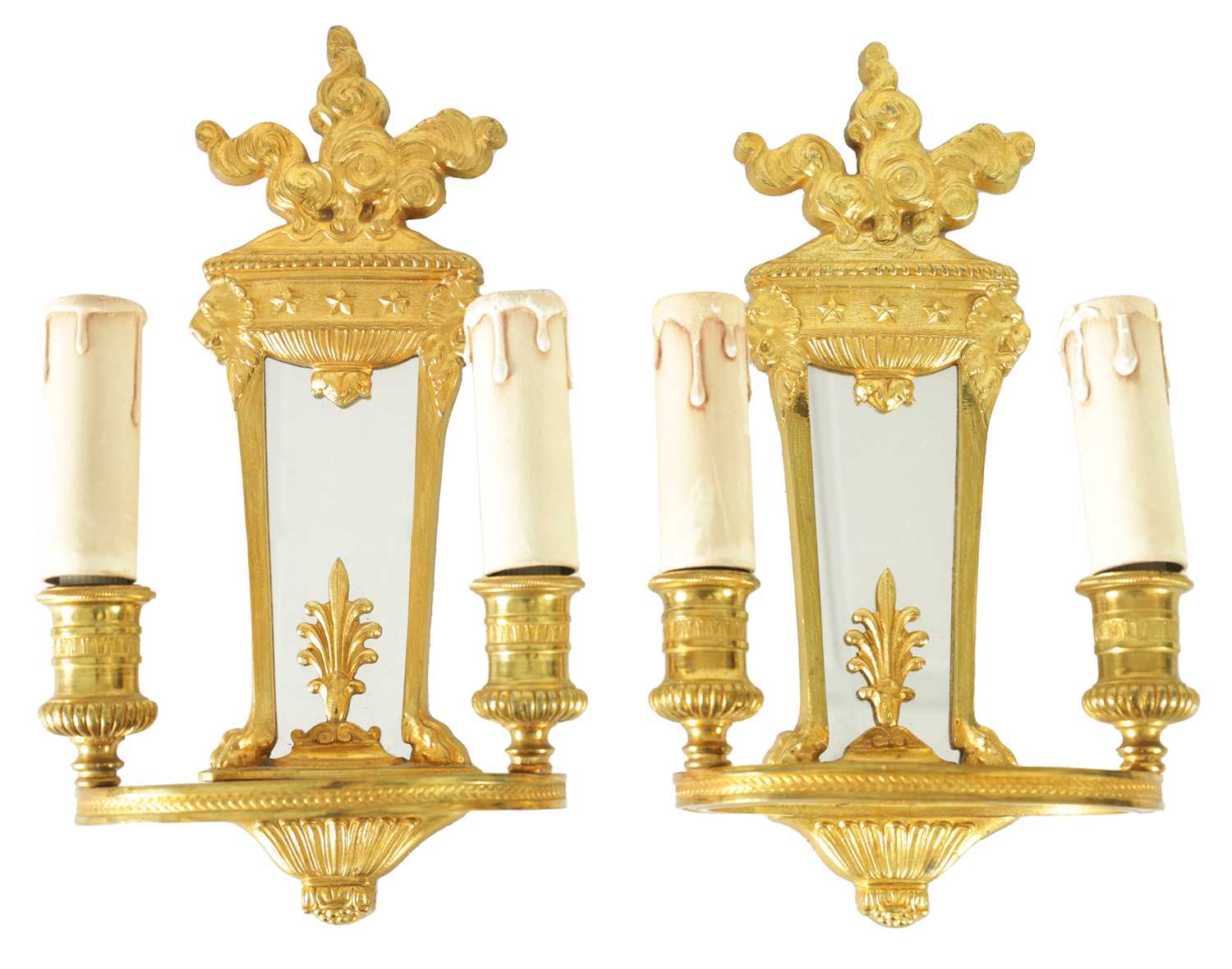 Lot 428 - A PAIR OF ORMOLU REGENCY STYLE TWO BRANCH WALL LIGHTS