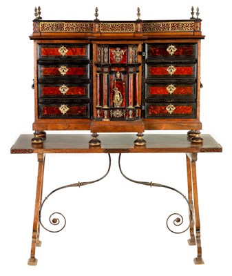 Lot 1471 - A LATE 17TH CENTURY SPANISH BAROQUE PERIOD TORTOISESHELL, IVORY AND WALNUT COLLECTORS CABINET ON STAND