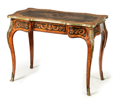 Lot 1390 - A GOOD 19TH CENTURY WALNUT, MARQUETRY AND MOTHER OF PEARL INLAID ENGLISH SERPENTINE ORMOLU MOUNTED TABLE