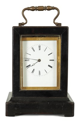 Lot 1177 - A MID 19TH CENTURY FRENCH EBONISED STRIKING CARRIAGE-TYPE MANTEL CLOCK