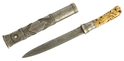 Lot 626 - A 19TH CENTURY INDIAN SILVER METAL AND IVORY DAGGER