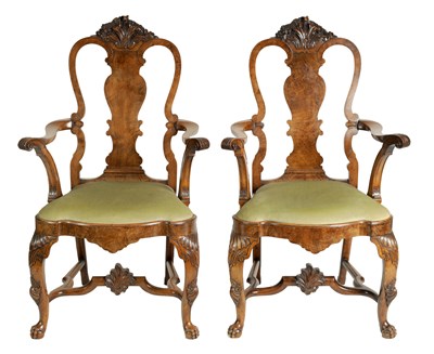 Lot 1051 - A STYLISH PAIR OF 20TH CENTURY WALNUT QUEEN ANNE-STYLE ARMCHAIRS