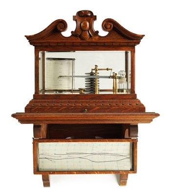 Lot 842 - A LATE 19TH CENTURY CARVED OAK BAROGRAPH ON ORIGINAL BRACKET