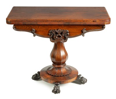 Lot 1016 - A LATE REGENCY FIGURED ROSEWOOD CARVED TEA TABLE