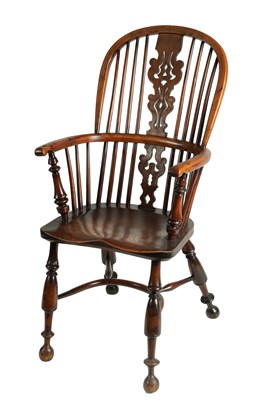 Lot 974 - A GOOD 19TH CENTURY YEW WOOD HIGH-BACK WINDSOR CHAIR