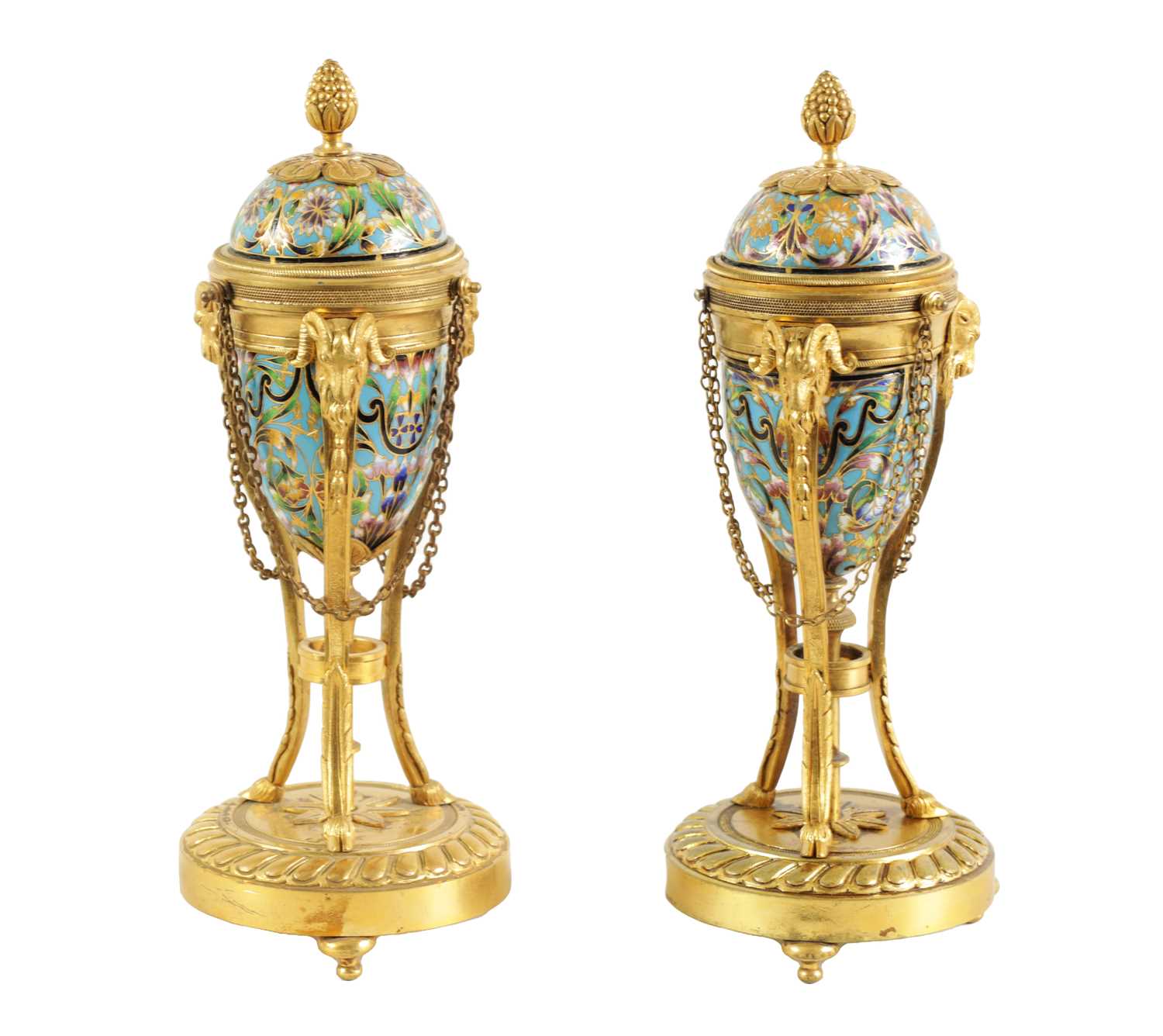 Lot 432 - A PAIR OF LATE 19TH CENTURY FRENCH ORMOLU AND CHAMPLEVE ENAMEL  CASSOLETTES