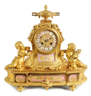 Lot 800 - A LATE 19TH CENTURY FRENCH ORMOLU AND PORCELAIN PANELLED FIGURAL MANTEL CLOCK