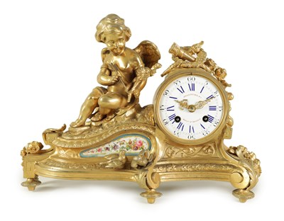 Lot 804 - A LATE 19TH CENTURY FRENCH GILT METAL AND PORCELAIN FIGURAL MANTEL CLOCK