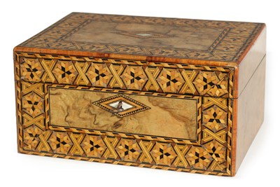 Lot 890 - A VICTORIAN WALNUT AND CHEQUERED INLAID SEWING BOX