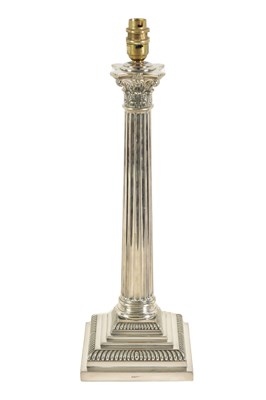 Lot 616 - A LATE 19TH CENTURY SILVER PLATED CORINTHIAN COLUMN TABLE LAMP