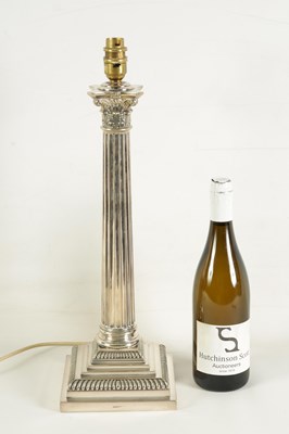 Lot 616 - A LATE 19TH CENTURY SILVER PLATED CORINTHIAN COLUMN TABLE LAMP