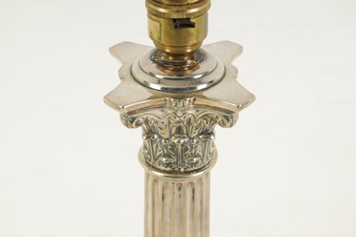 Lot 616 - A LATE 19TH CENTURY SILVER PLATED CORINTHIAN COLUMN TABLE LAMP