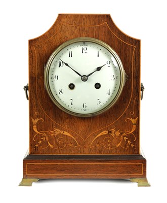 Lot 797 - AN EDWARDIAN FRENCH INLAID MAHOGANY MANTEL CLOCK