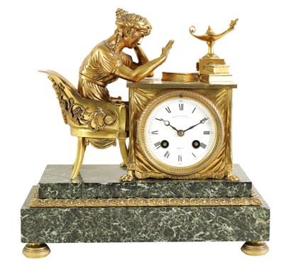 Lot 860 - A LATE 19TH CENTURY FRENCH ORMOLU AND VERDI ANTICO MARBLE FIGURAL MANTEL CLOCK