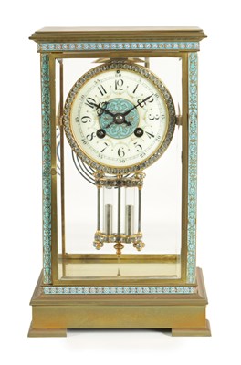 Lot 840 - A LATE 19TH CENTURY FRENCH BRASS AND CHAMPLEVE ENAMEL FOUR-GLASS MANTEL CLOCK