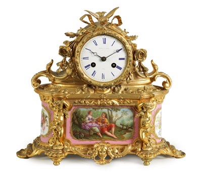 Lot 871 - A 19TH CENTURY FRENCH ORMOLU AND PORCELAIN PANELLED MANTEL CLOCK