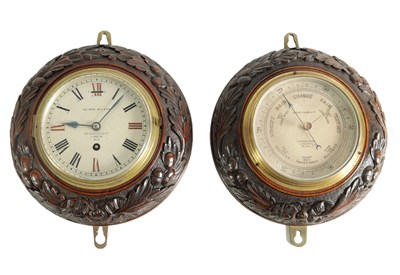 Lot 865 - A PAIR OF LATE 19TH CENTURY WALL CLOCK AND BAROMETER SET