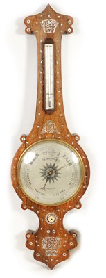 Lot 755 - C. RHODES, BRADFORD. A 19TH CENTURY MOTHER-OF PEARL INLAID ROSEWOOD WHEEL BAROMETER
