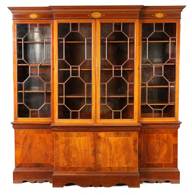 Lot 938 - A LATE 19TH CENTURY INLAID MAHOGANY BREAKFRONT BOOKCASE