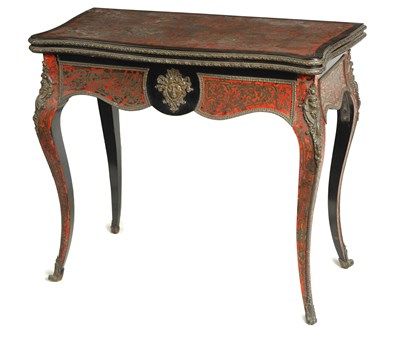 Lot 1047 - A 19TH CENTURY FRENCH BOULLE WORK BRASS INLAID TORTOISESHELL AND EBONISED CARD TABLE