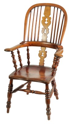 Lot 1014 - A 19TH CENTURY ASH AND ELM BROAD ARM WINDSOR CHAIR