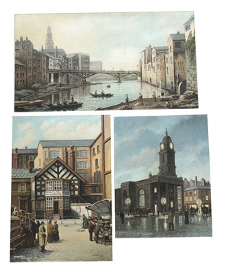 Lot 752 - J R McGUIRE. A GROUP OF THREE OILS ON BOARD - VIEWS OF MANCHESTER