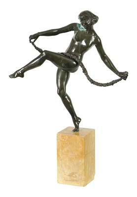 Lot 900 - PIERRE LE FAGUAYS, AN ART DECO GREEN PATINATED BRONZE SCULPTURE PTURE OF A NUDE DANCING GIRL