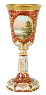 Lot 20 - A 19TH CENTURY BOHEMIAN RUBY OVERLAID OPAQUE GLASS GOBLET