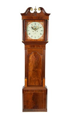 Lot 815 - STONES, BLACKBURN. AN EARLY 19TH CENTURY MAHOGANY ‘AXE MOON’ EIGHT DAY LONGCASE CLOCK