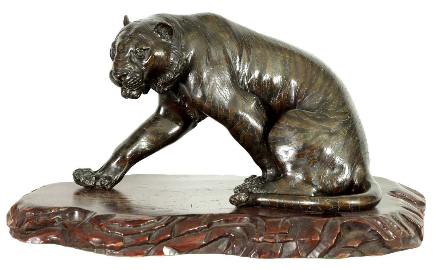 Lot 280 - AN UNUSUAL JAPANESE MEIJI PERIOD BRONZE SCULPTURE OF A SEATED TIGER