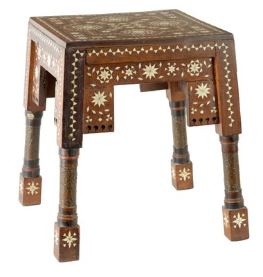 Lot 1354 - CARLO BUGATTI (1856 - 1940) AN EARLY 20TH CENTURY WALNUT EBONY AND IVORY INLAID STOOL