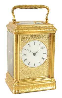 Lot 1226 - A LATE 19TH CENTURY ENGRAVED GORGE CASE FRENCH GILT BRASS REPEATING CARRIAGE CLOCK