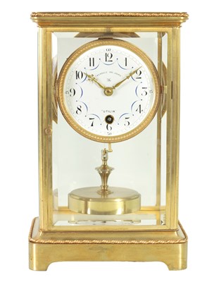 Lot 1203 - CLAUDE GRIVOLAS. AN EARLY 20TH CENTURY BRASS CASED FOUR GLASS 400 DAY MANTEL CLOCK